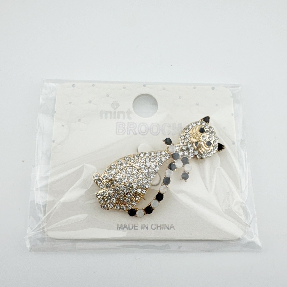 Mint Rhinestone Cat Brooch Gold Black Crystal Accent